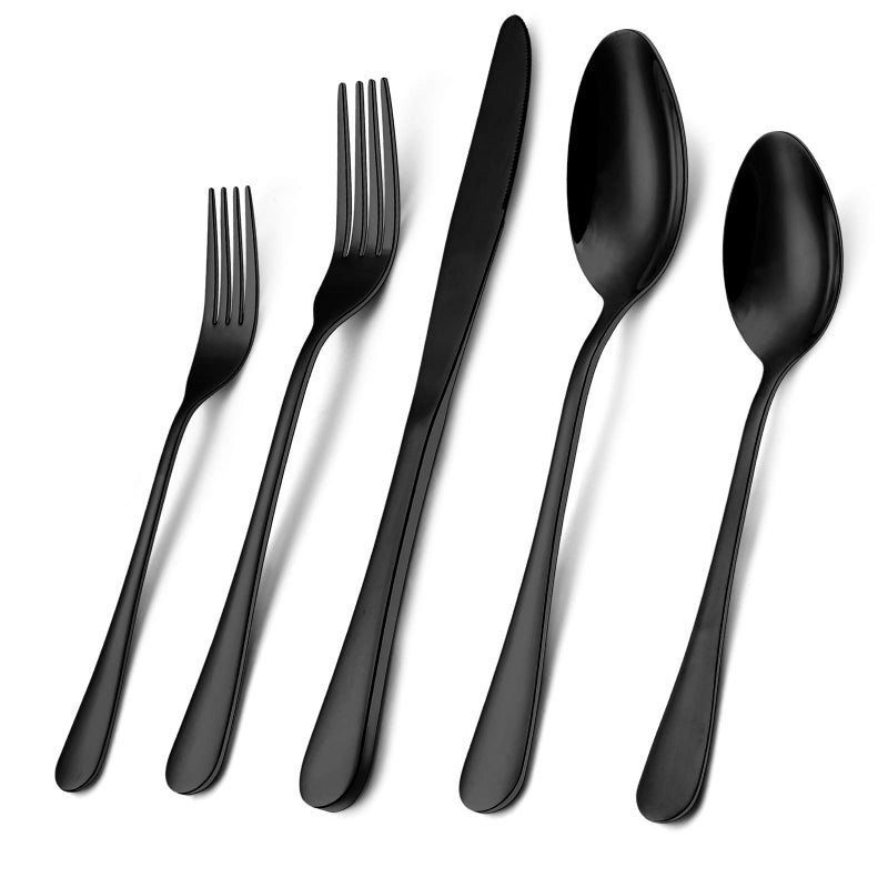Wildone 20-Piece Black Silverware Set, Stainless Steel Flatware Cutlery Set Service for 4, Tableware Eating Utensils Include Knives/Forks/Spoons, Mirror Polished, Dishwasher Safe - Image 1